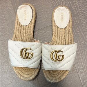Gucci Cream Espadrille Slides with Gold Logo